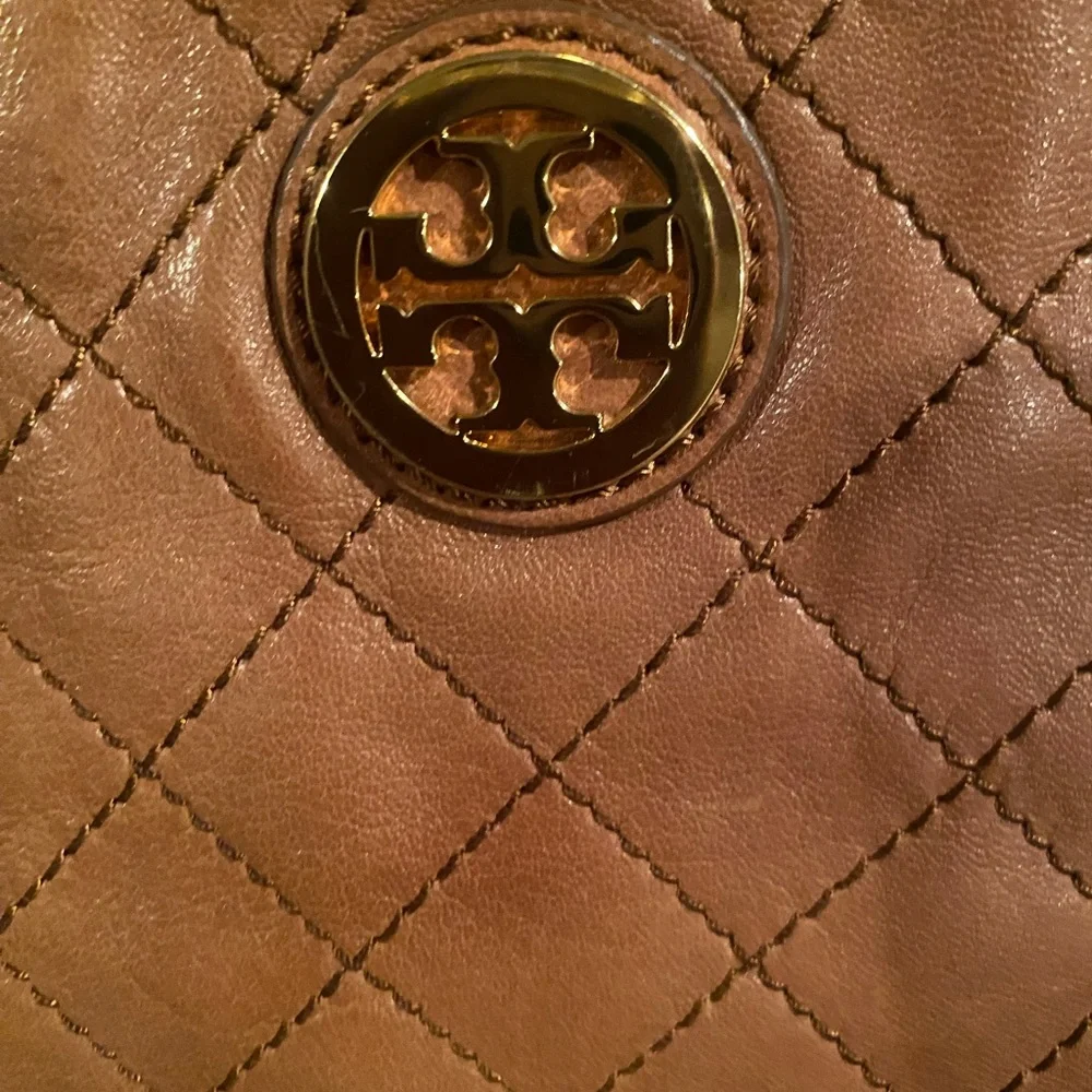 Tory Burch Tan Quilted Leather Crossbody Bag with Gold Emblem
